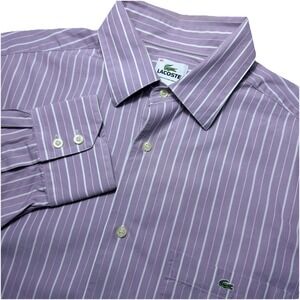 Lacoste Medium 40 Lilac White Striped Button Long Sleeve Designed In France Shir